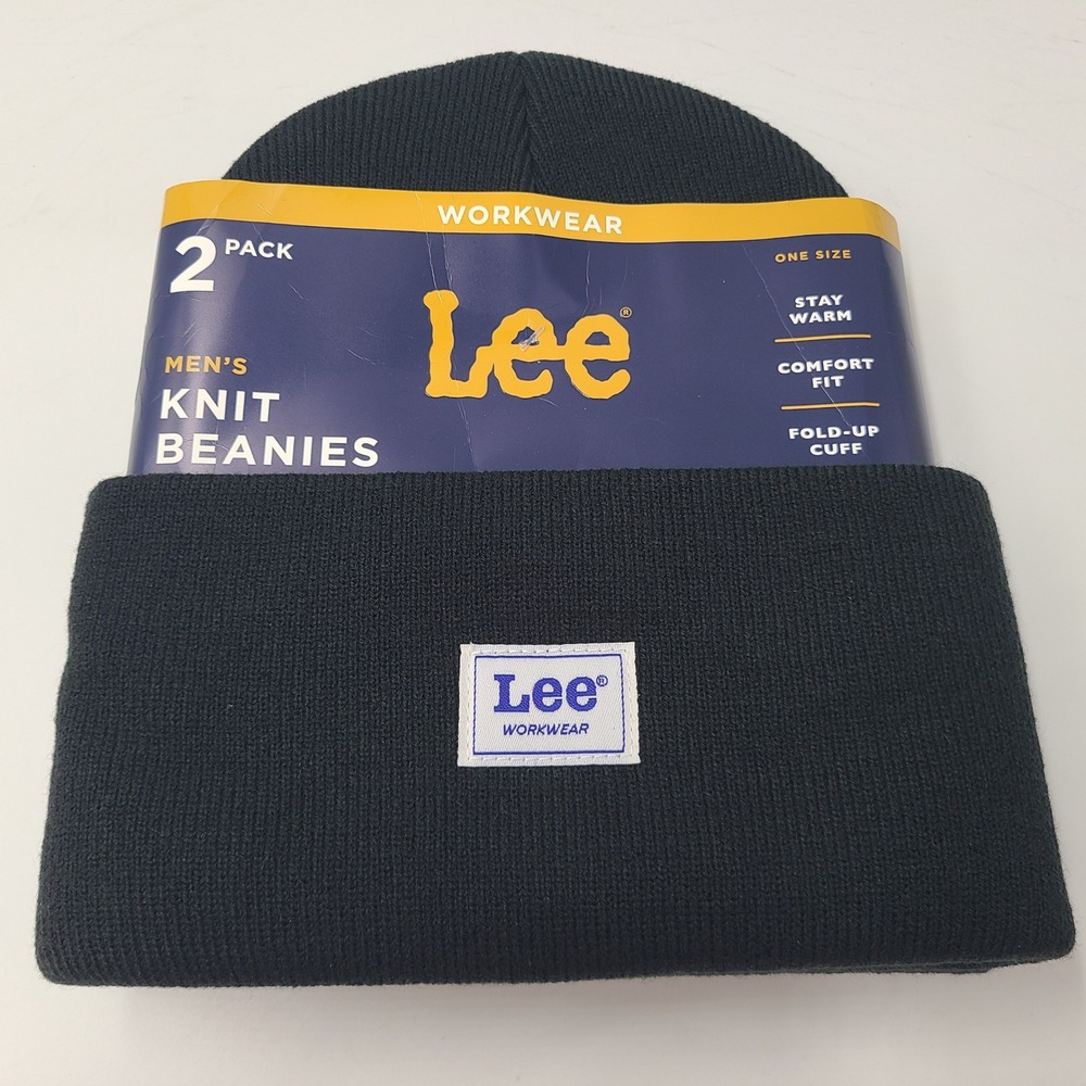 (2) Lee Hat Beanie Lot Black Cuffed Winter Knit Stocking Cap Workwear Outdoors
